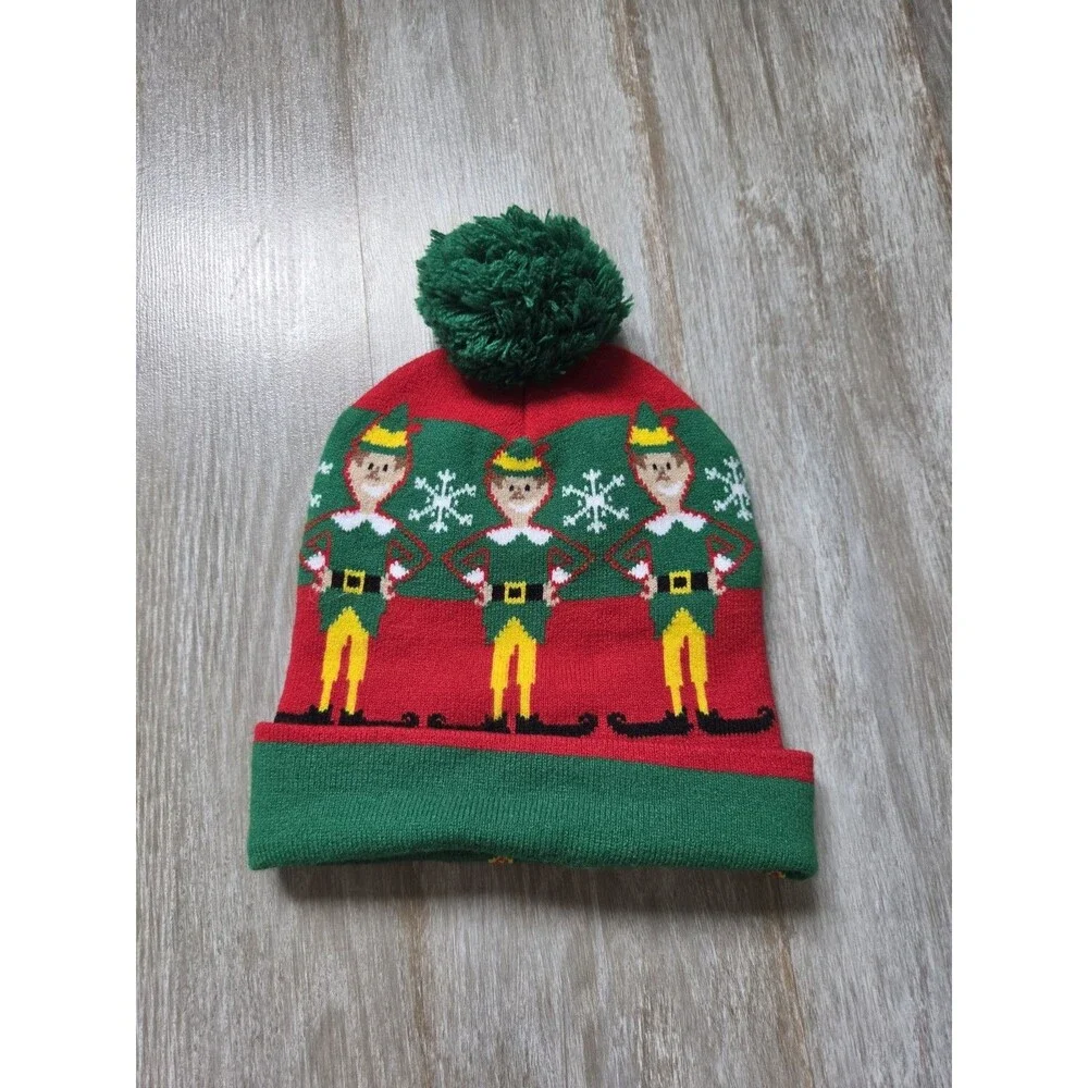 Elf Movie Raised By Elves Christmas Pom Pom Beanie Red Green One Size EUC
